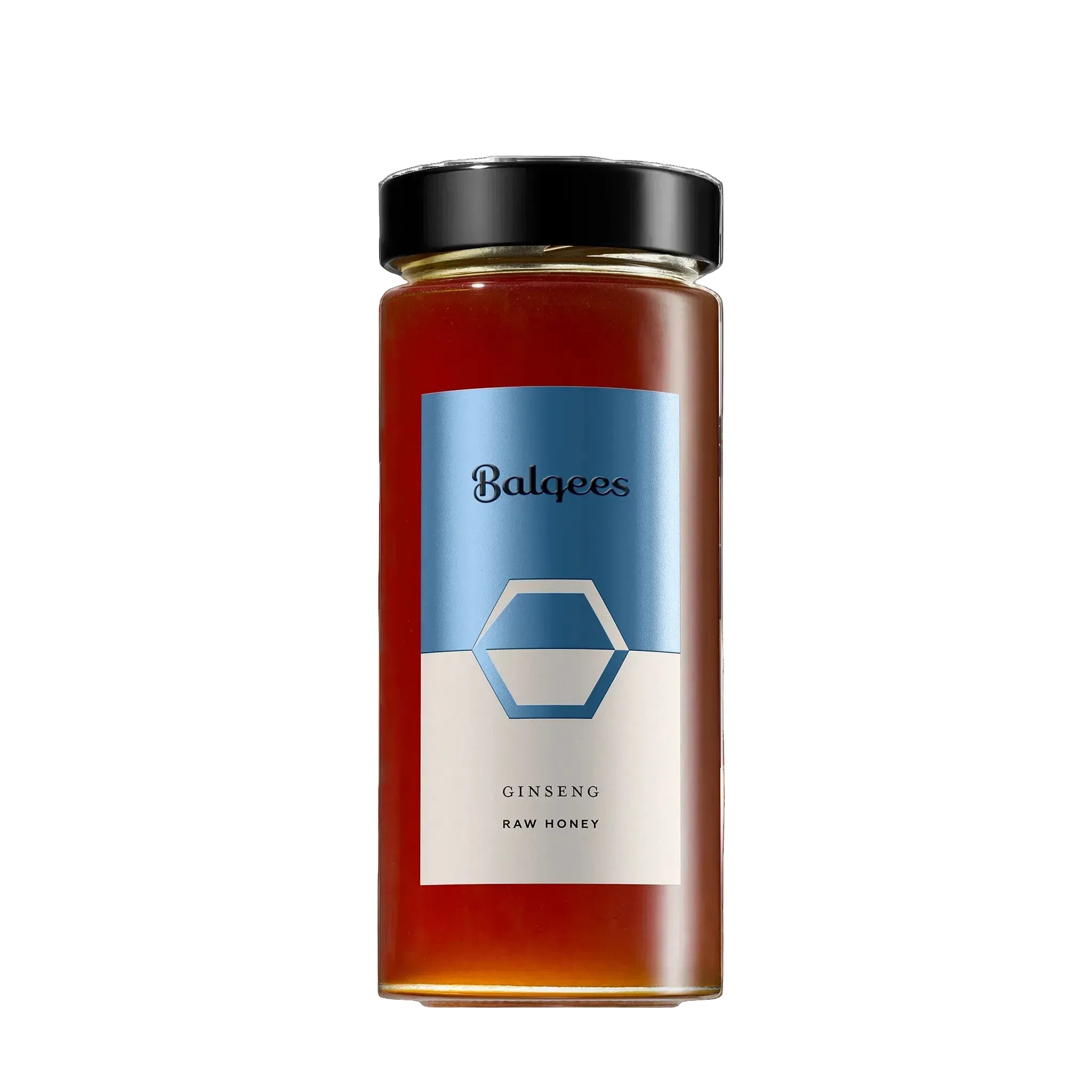 A glass jar of Balqees Ginseng Raw Honey with a black lid and a blue and white label, shown on a plain white background.