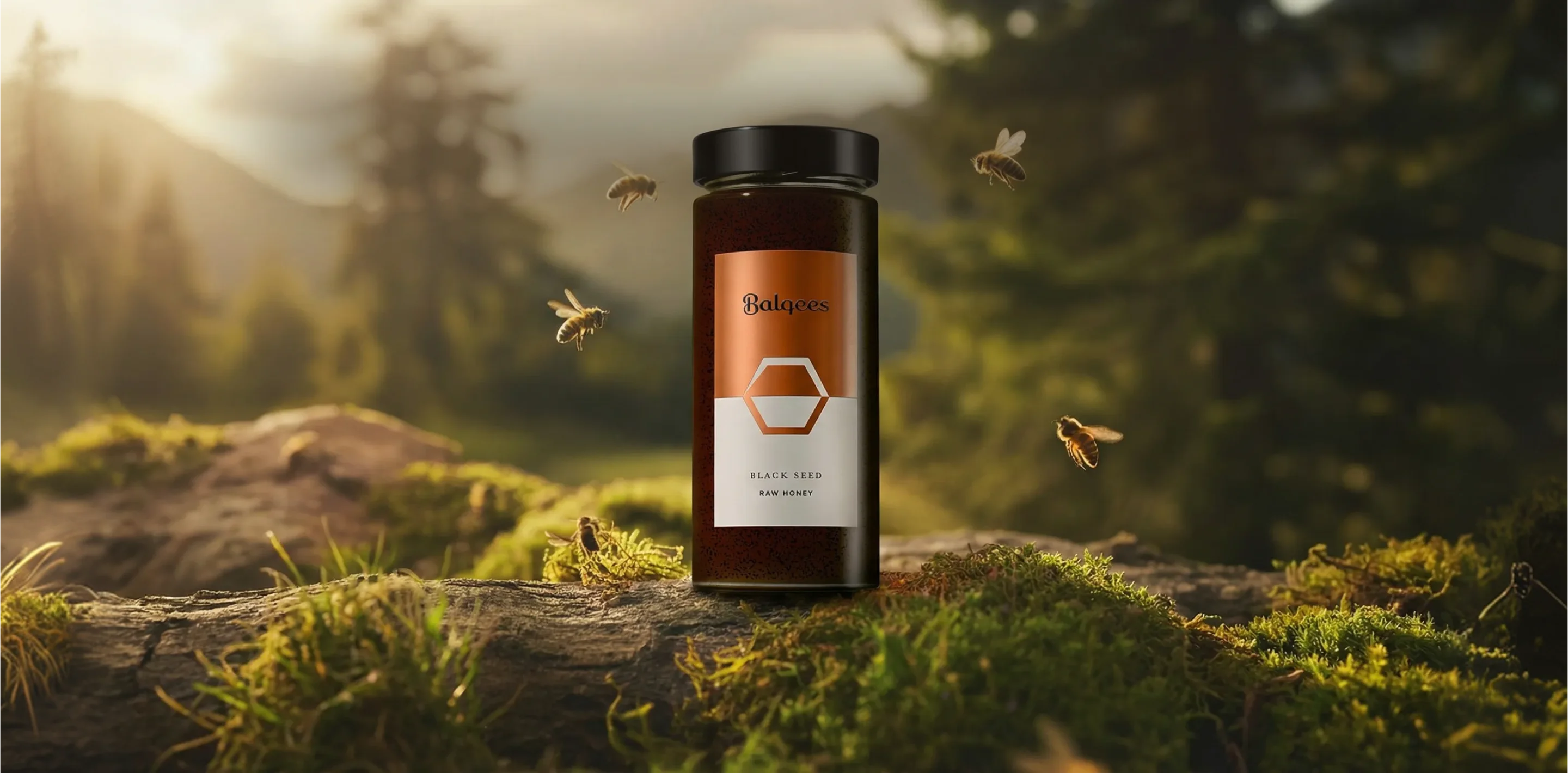 Jar of honey with a label on a wooden log in a forest setting